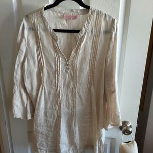 St. Tropez linen Pinstripe and embroidery bell sleeve tunic M